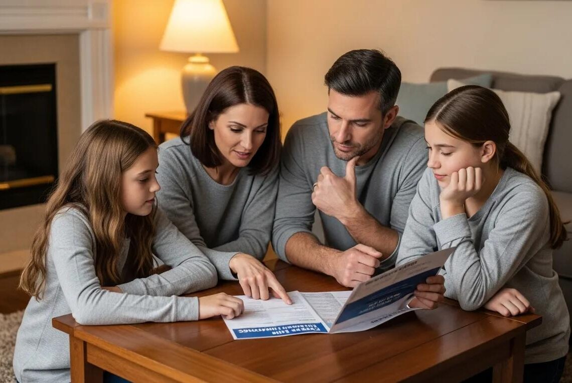 Family discussing term life insurance options in a cozy home setting