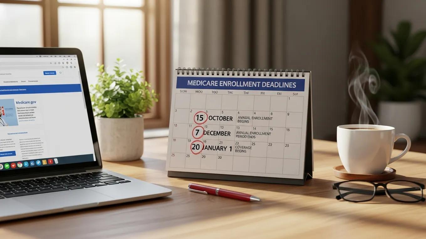 Calendar highlighting Medicare enrollment deadlines with a laptop and coffee