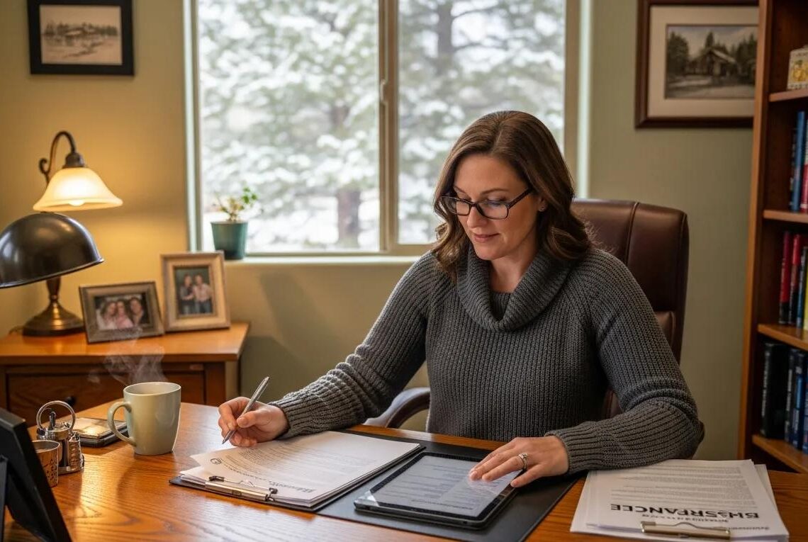 Idaho small business owner reviewing insurance documents in a cozy office setting
