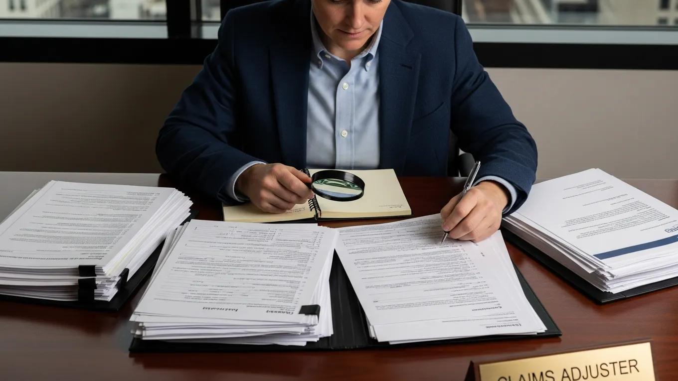 Individual reviewing documents for disability insurance claim process, emphasizing the importance of thoroughness