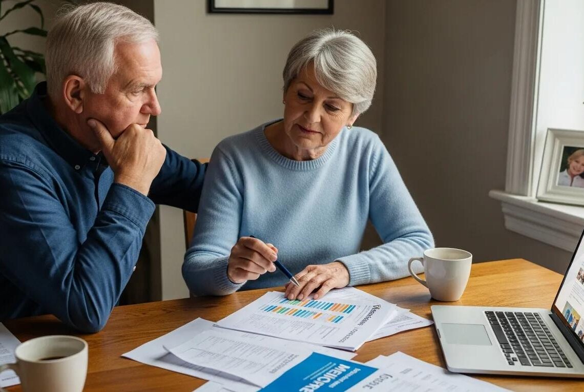 Elderly couple discussing Medicare costs at home, highlighting the importance of informed healthcare decisions