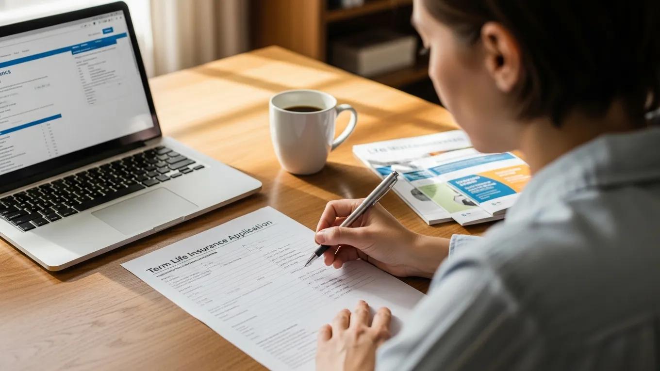 Individual completing a term life insurance application at a desk