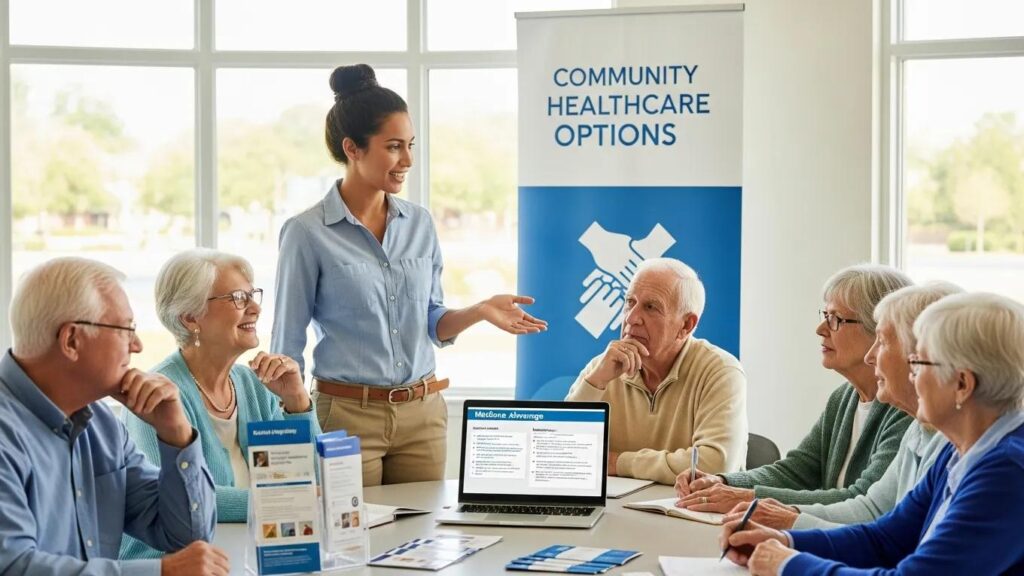 Healthcare professional discussing Medicare Advantage plans with seniors, showcasing community education on healthcare options