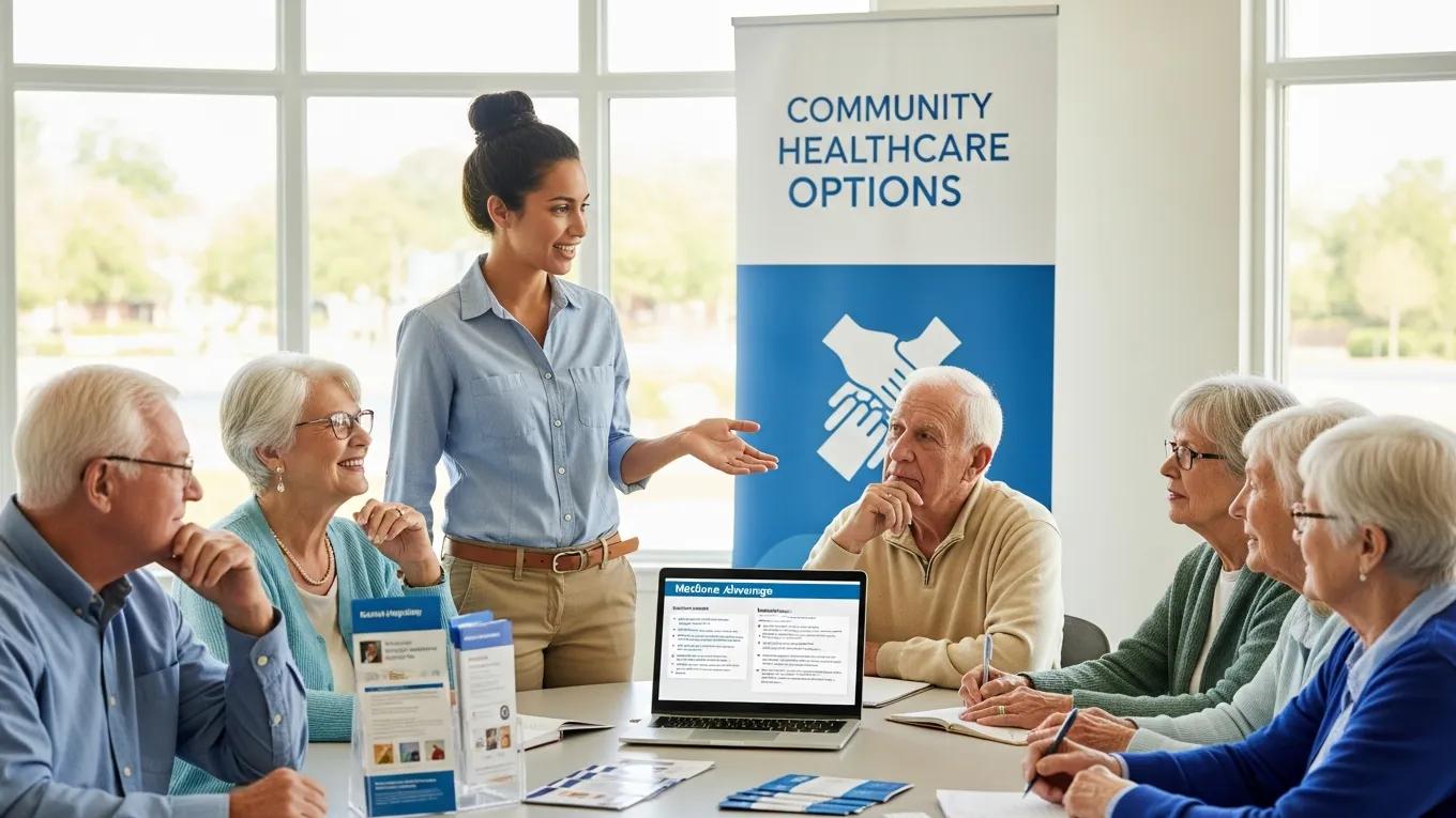 Healthcare professional discussing Medicare Advantage plans with seniors, showcasing community education on healthcare options