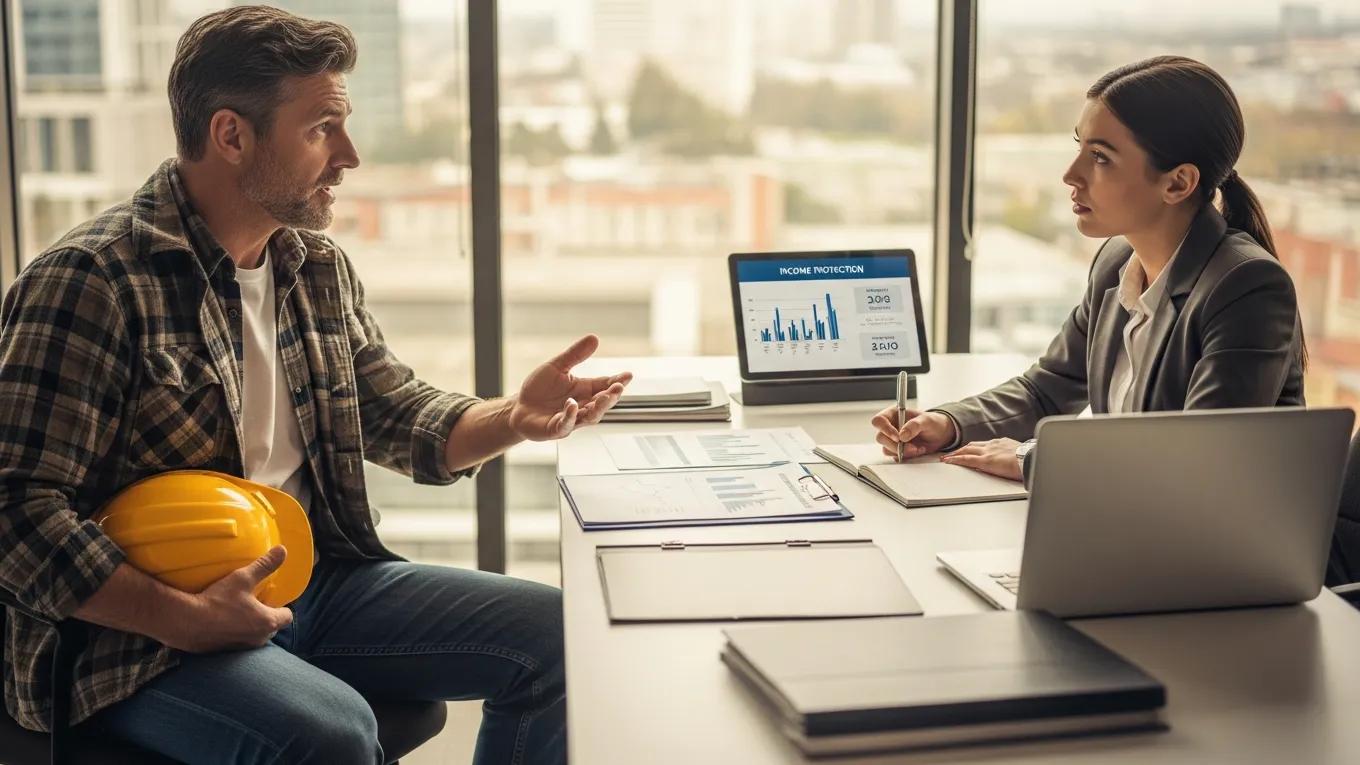 Contractor consulting with insurance agent about income protection options
