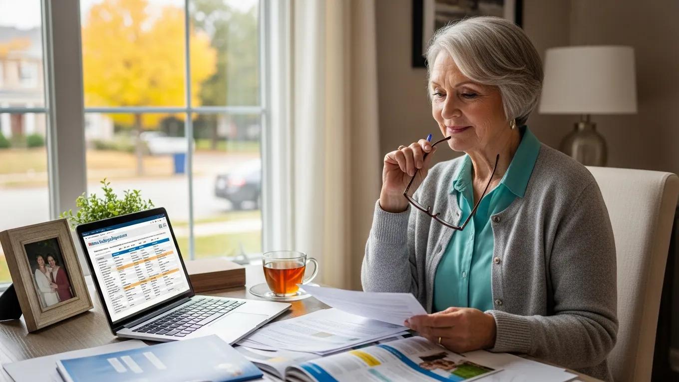 Senior woman evaluating Medicare Supplement plans at her desk, emphasizing the need for informed healthcare choices