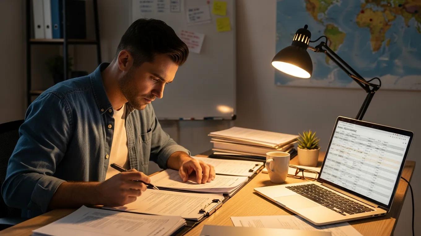 Gig worker analyzing insurance documents and comparing options in a home office