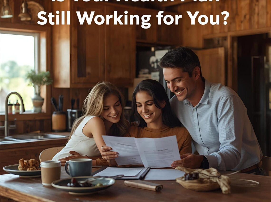 ### Key Elements

**Main Subjects**  
- Three people (two women and one man) sitting around a kitchen table.

**Objects**  
- Papers/documents being reviewed.
- Plates of food and drinks on the table.

**Notable Features**  
- Rustic wooden kitchen setting.
- Bright natural light coming through the window.

**Text**  
- "Is Your Health Plan Still Working for You?" prominently displayed.

### Overall Mood/Theme  
The image conveys a sense of warmth and collaboration, focusing on health and well-being discussions among friends or family in a cozy, inviting environment. The presence of food and natural light enhances the feeling of comfort and connection.