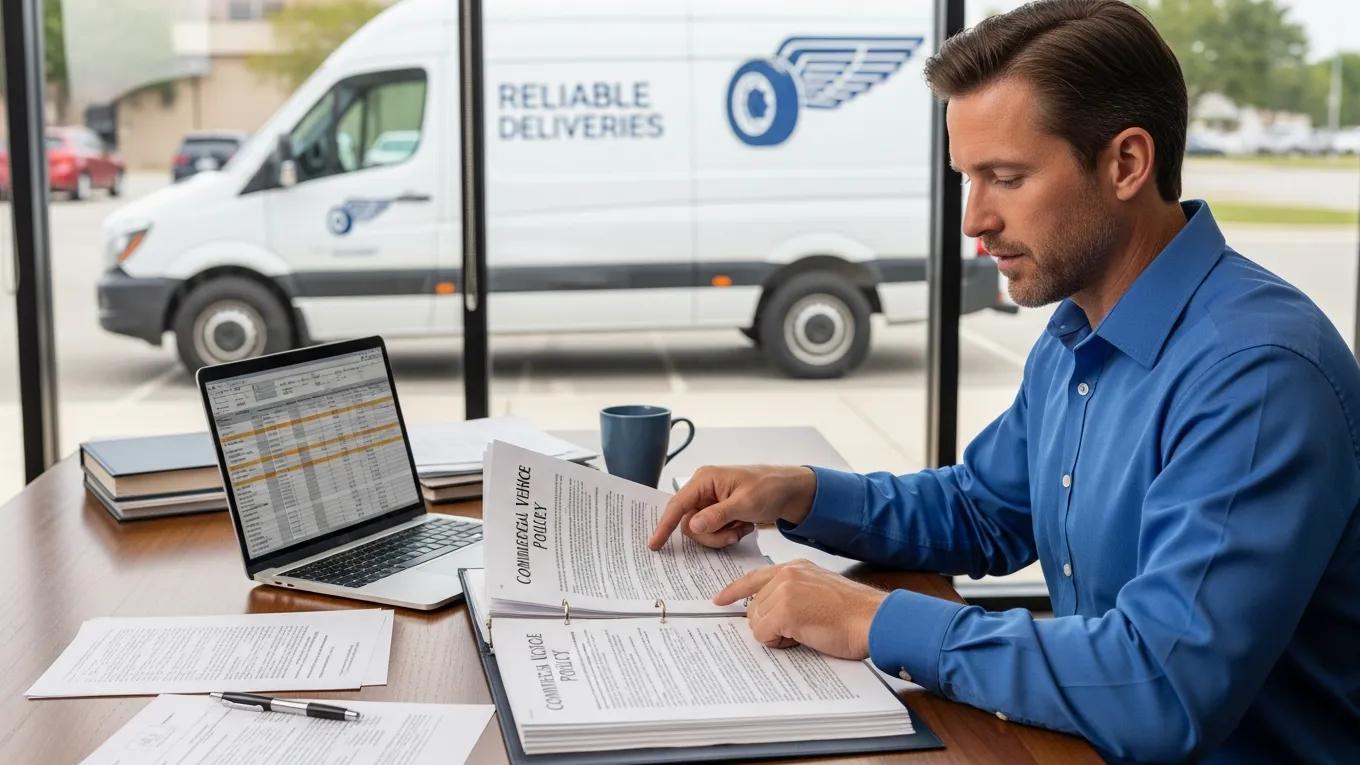 Business owner reviewing insurance documents for fleet liability coverage