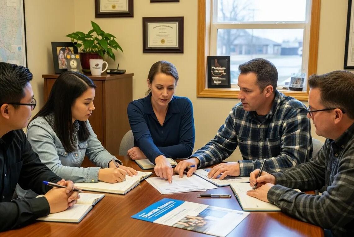 Group of Idaho workers discussing disability insurance options in a cozy office setting