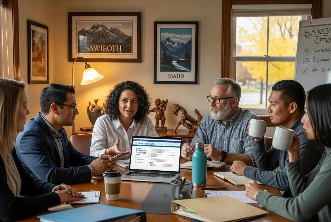 Diverse Idaho business owners discussing business insurance in a cozy office setting