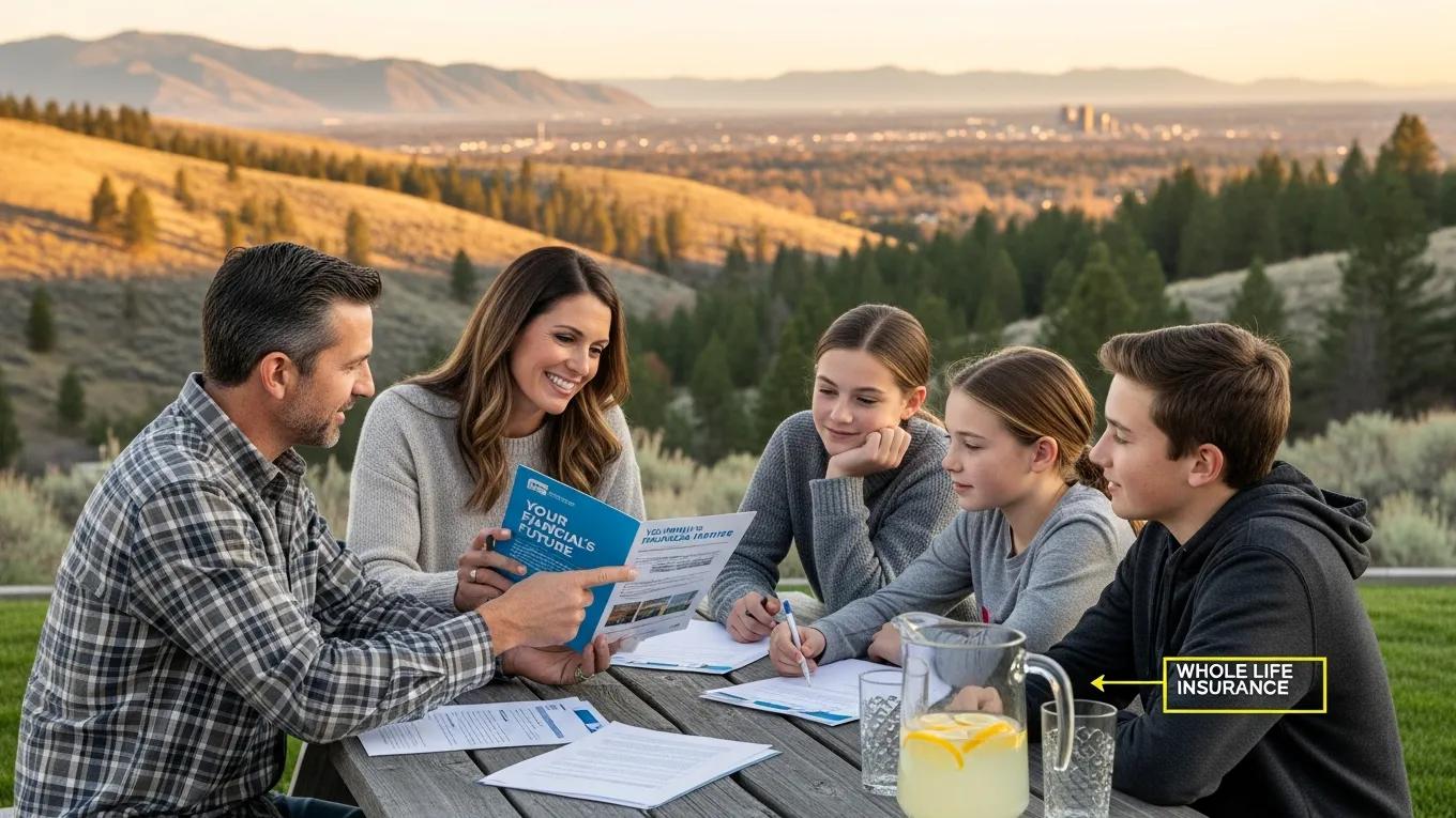 Family discussing financial future in their Idaho backyard, highlighting whole life insurance