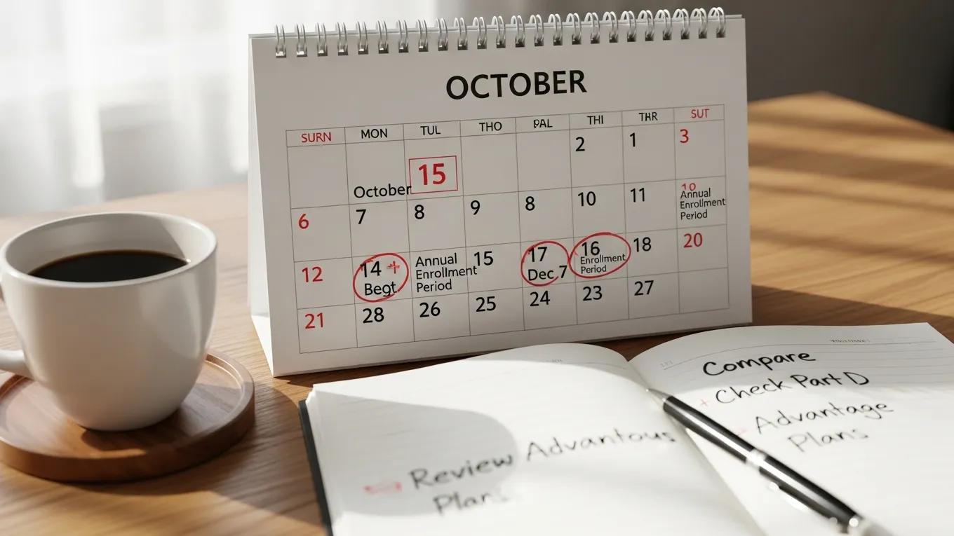 Calendar with Medicare enrollment dates, coffee cup, and notepad