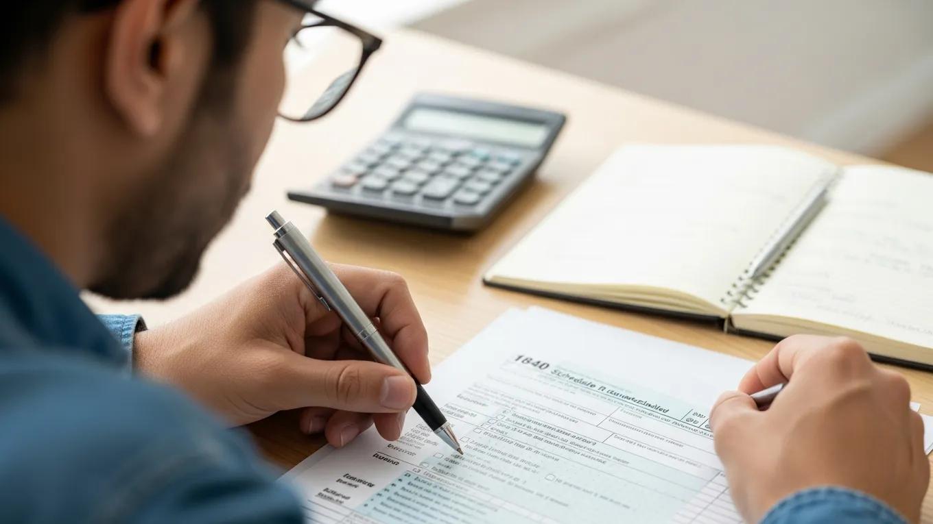Close-up of a person reviewing tax forms for disability benefits, highlighting federal tax implications