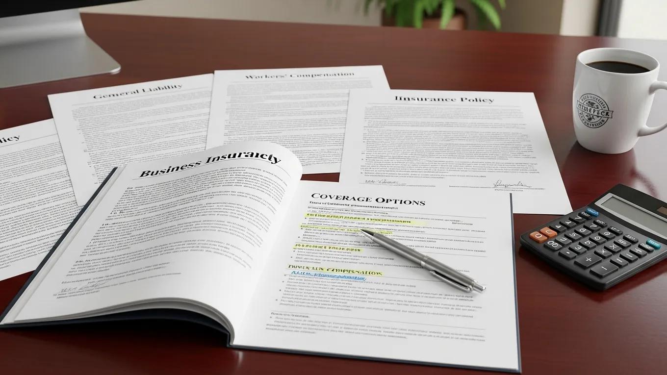 Close-up of business insurance policy documents and tools on a desk