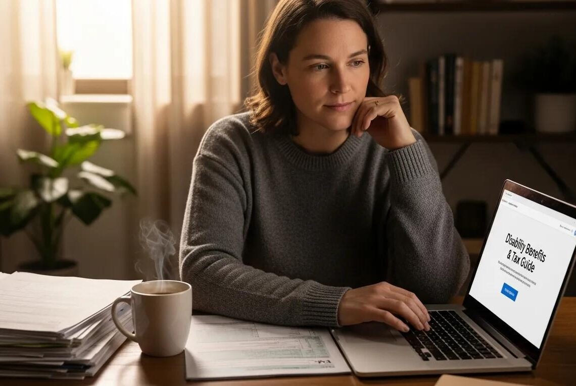 Cozy workspace with tax documents and a laptop, illustrating the theme of disability benefits taxation