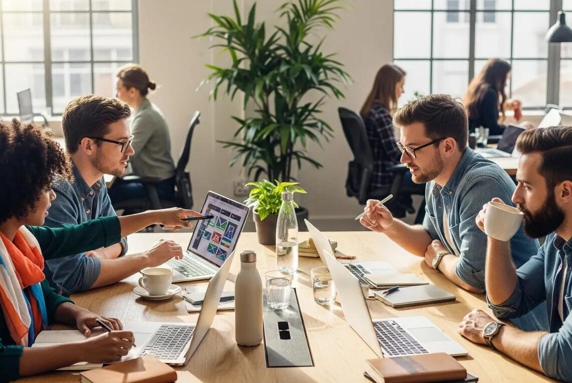 Diverse gig workers collaborating in a modern workspace, representing the gig economy