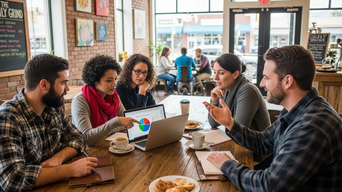 Diverse small business owners discussing insurance options in a local café
