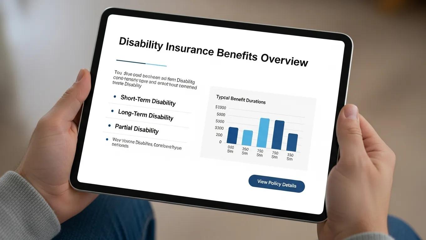 Close-up of hands holding a tablet displaying disability insurance benefits overview