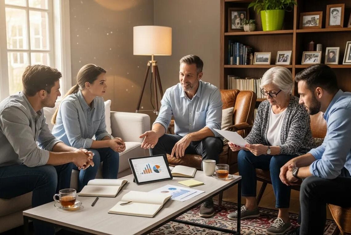 Group of people discussing insurance in a cozy living room, emphasizing trust and understanding