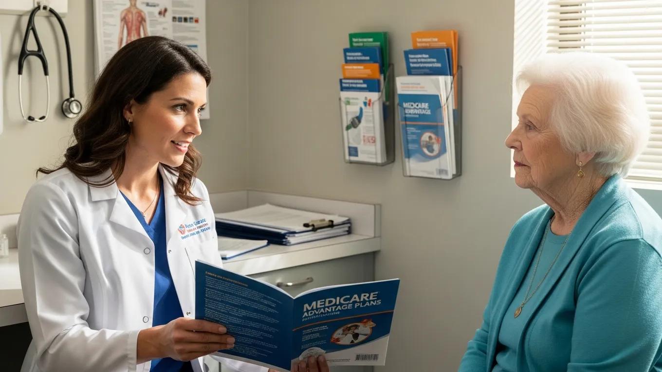 Healthcare professional discussing Medicare Advantage benefits with an elderly patient in a clinic
