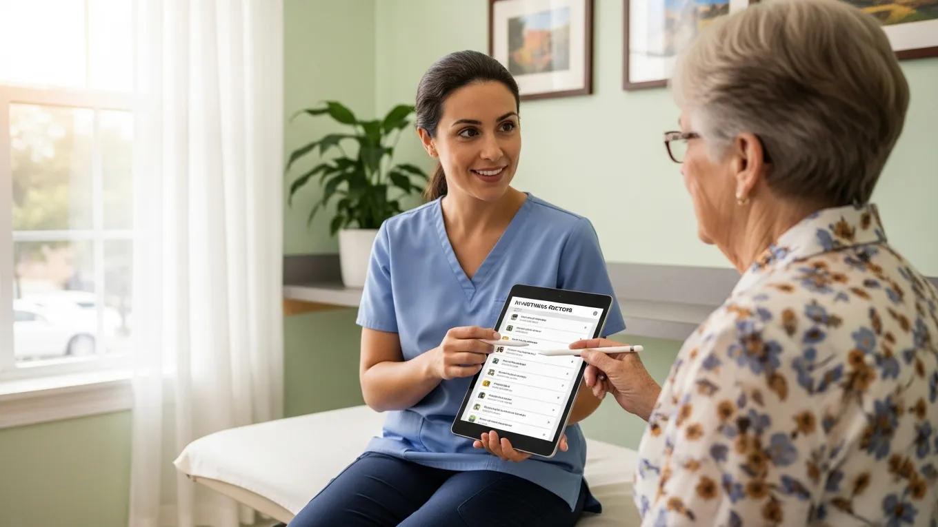Healthcare provider consulting with an elderly patient about in-network doctors in a clinic