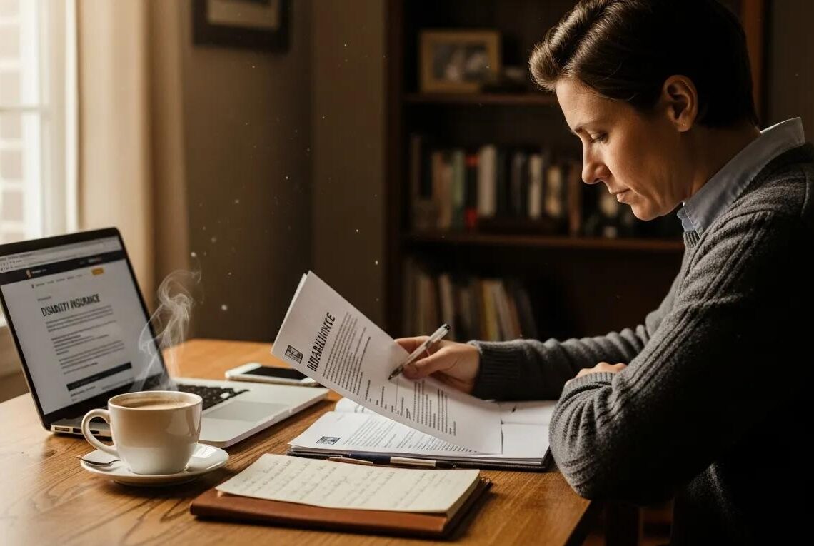 Person reviewing disability insurance documents in a cozy workspace
