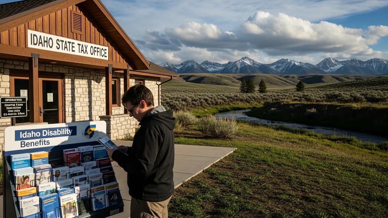 Scenic view of Idaho with a person at a tax office, representing state tax rules for disability benefits