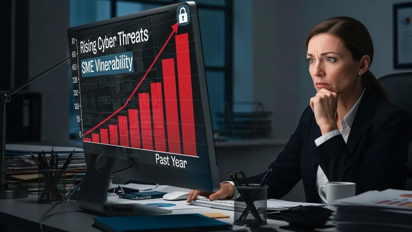 Small business environment illustrating rising cyber threats with a concerned owner and visual indicators of ransomware attacks