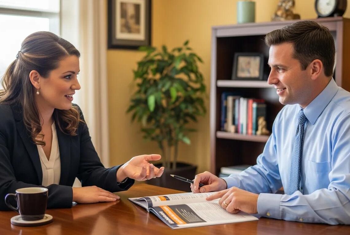 Small business owner consulting with an insurance agent in a cozy office setting