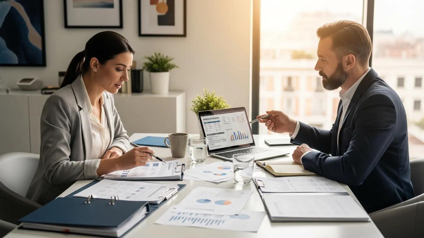 Small business owner reviewing insurance policies with a consultant