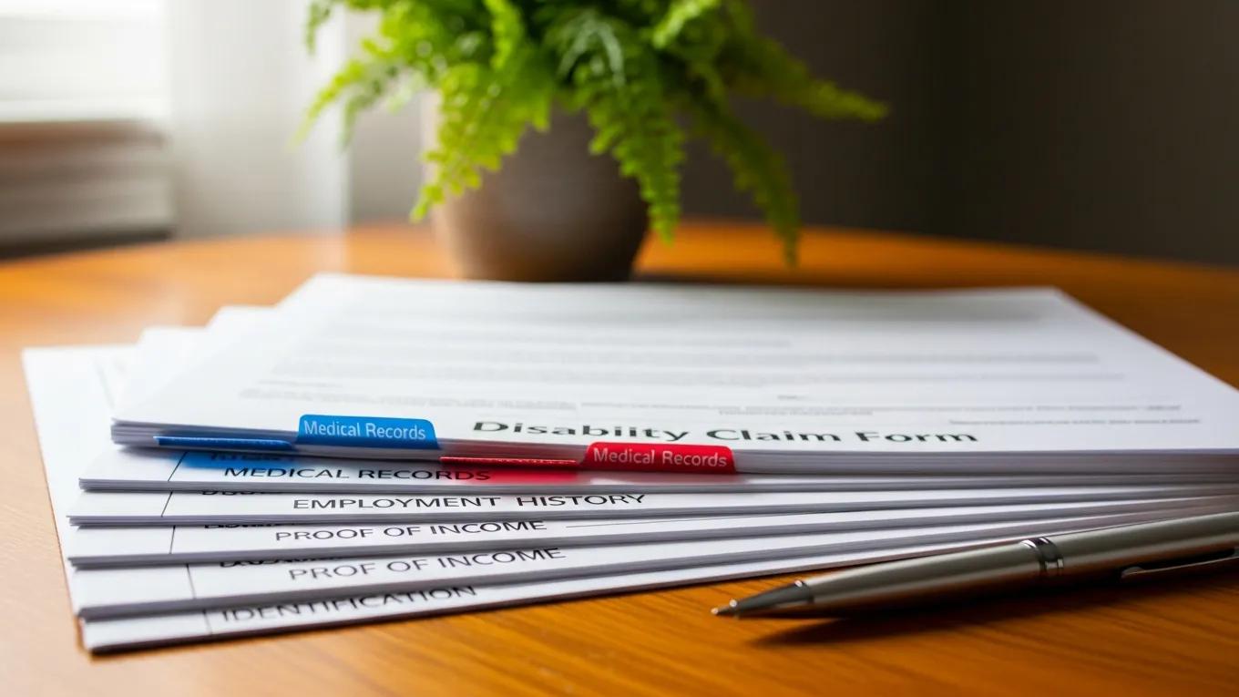 Stack of essential documents for disability claim including claim form and medical records