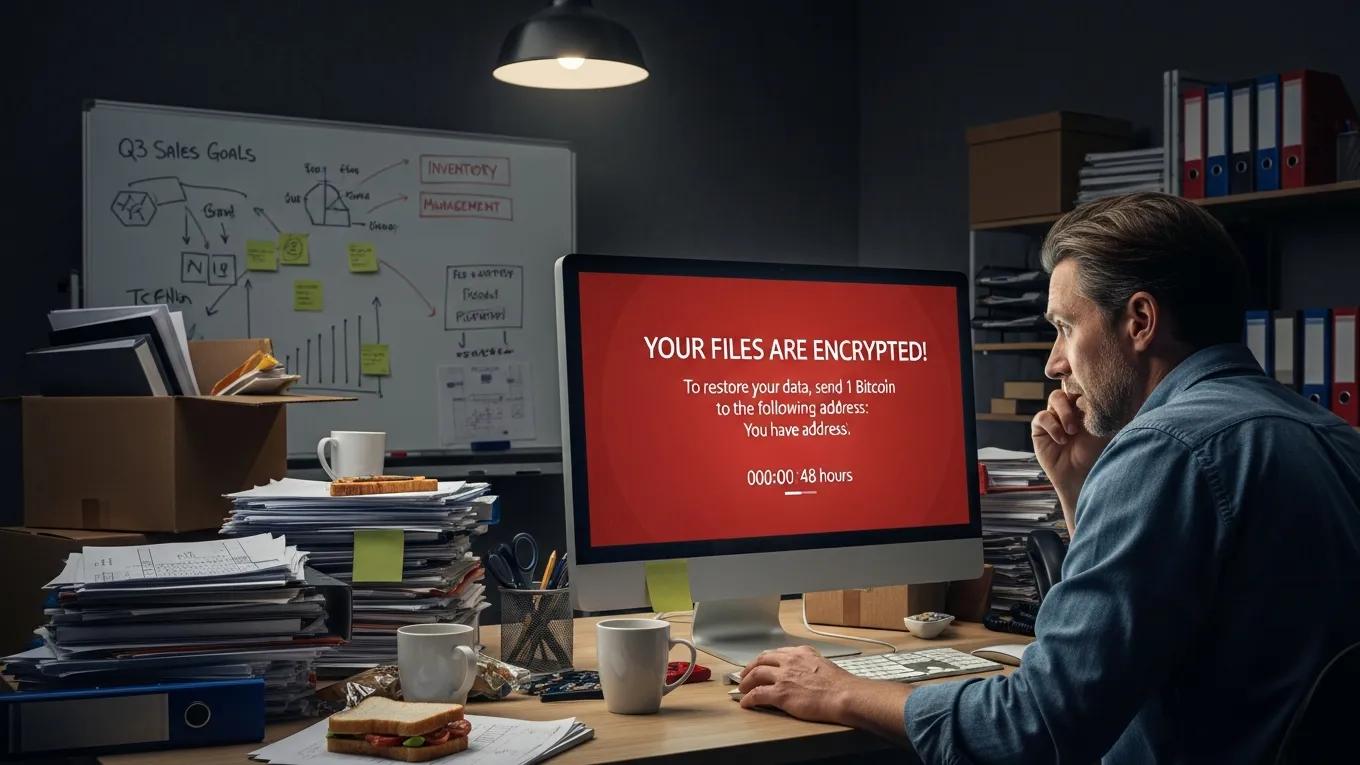 Worried small business owner facing a ransomware warning on a computer