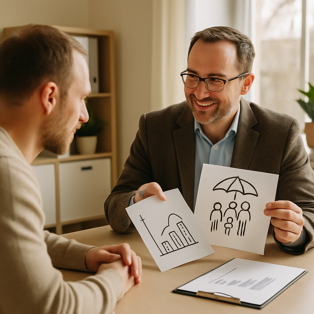 Agent explaining term vs whole vs universal life to a client