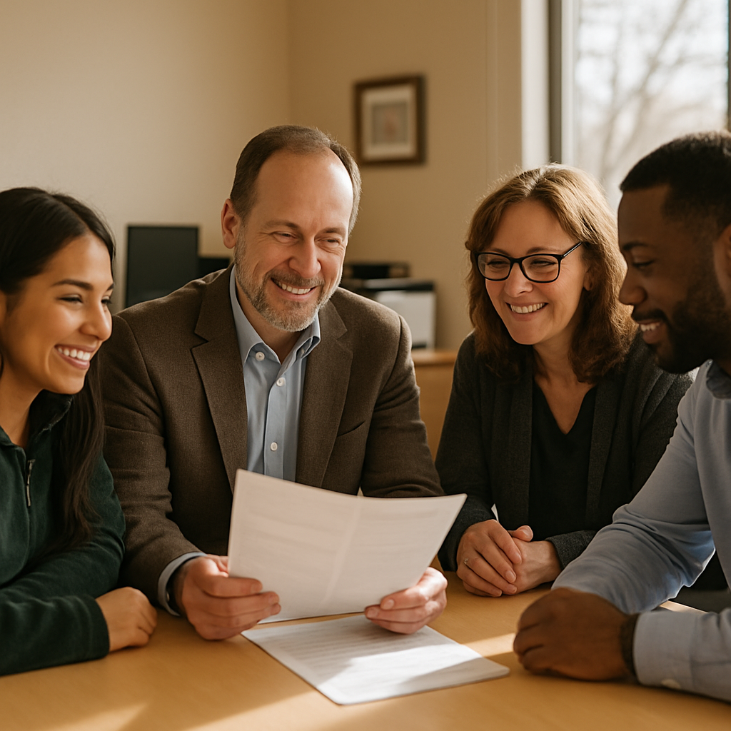 Employees reviewing group health benefits together