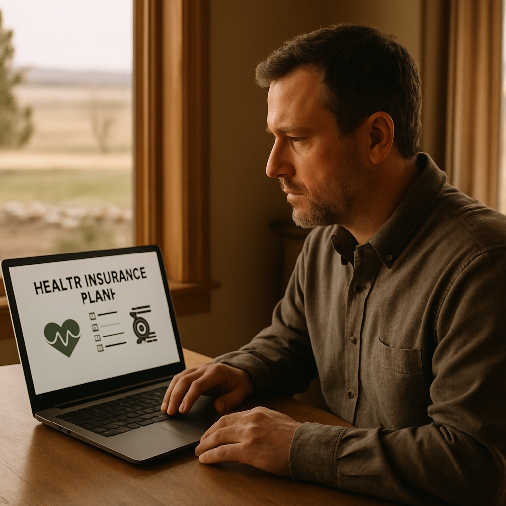 Individual reviewing a health plan on a laptop at home
