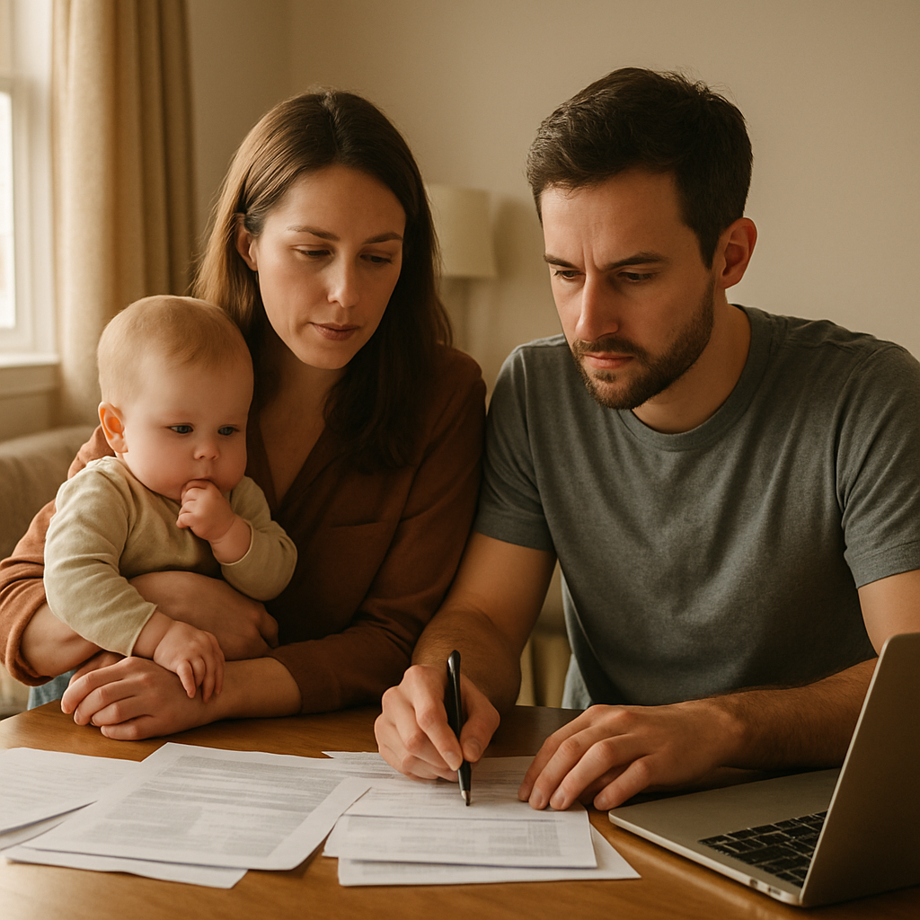 Young family reviewing finances, a term life stage