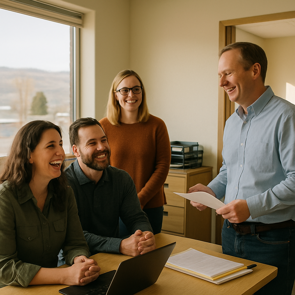 Happy small-business employees in an Idaho office