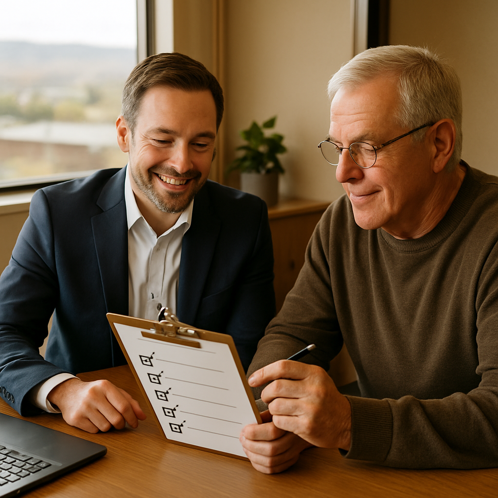 Agent and client reviewing an enrollment document checklist