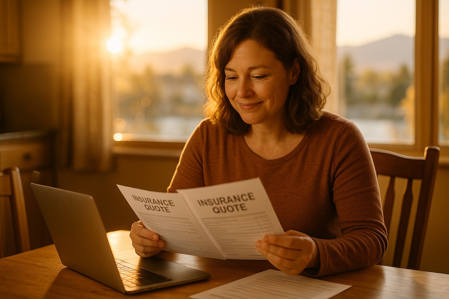 Woman reviewing insurance quotes and laptop, understanding Idaho insurance costs.