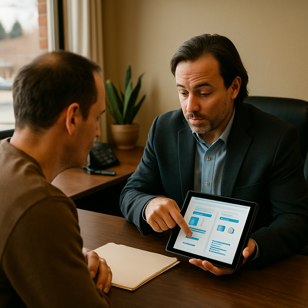 Agent showing a client a plan comparison on a tablet in Idaho