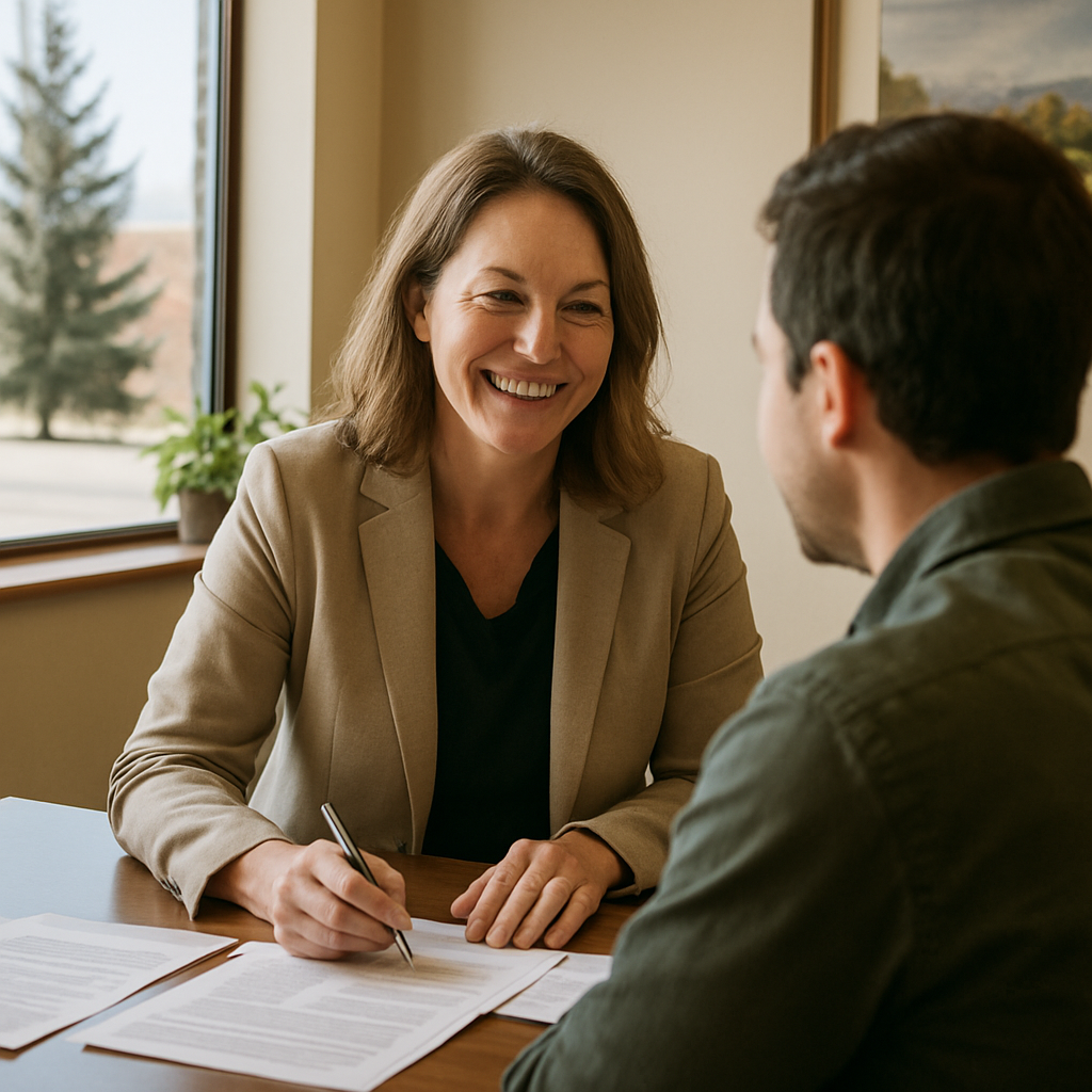 Health insurance advisor helping a client in a local Idaho office