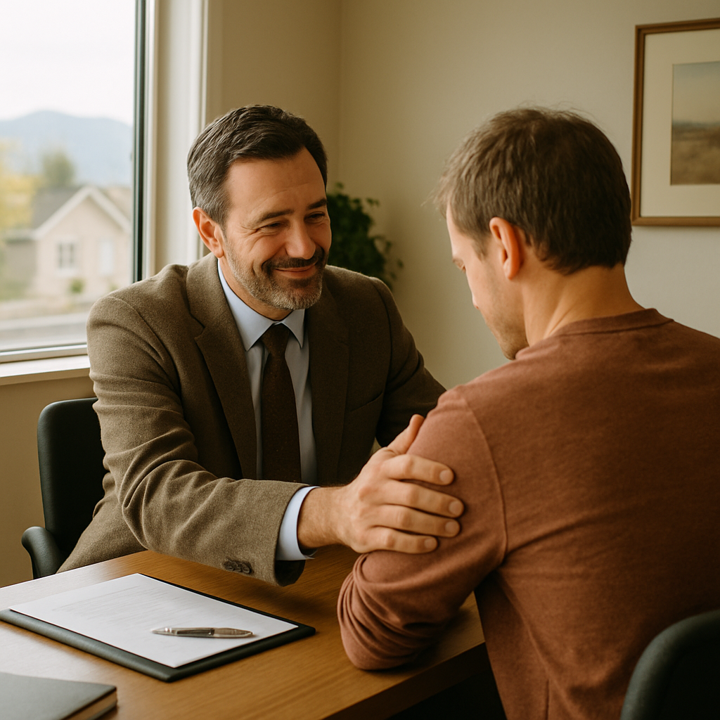 Insurance agent reassuring a client that pre-existing conditions are covered