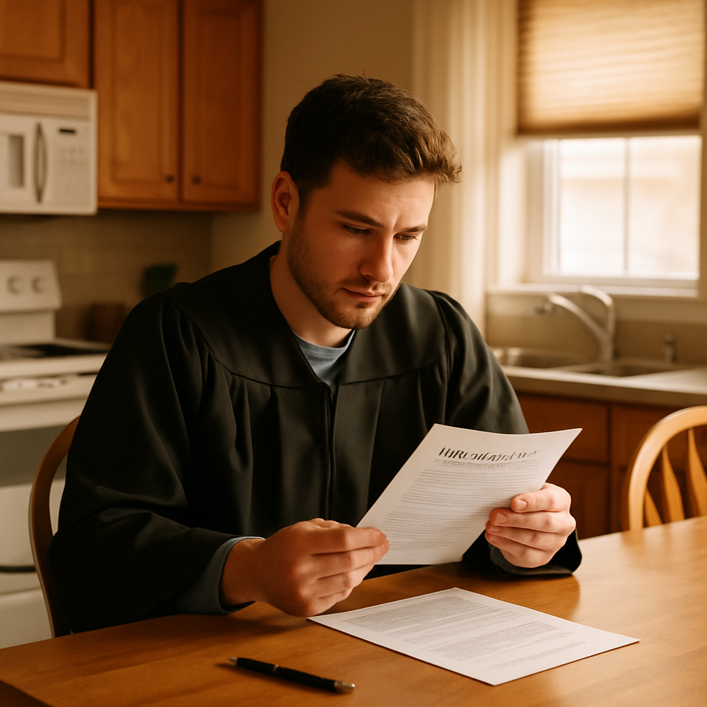 Recent graduate reviewing temporary health coverage paperwork