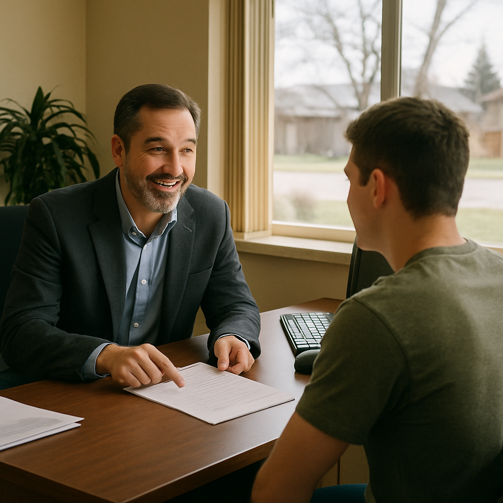 Agent explaining short-term coverage options to a young Idaho client