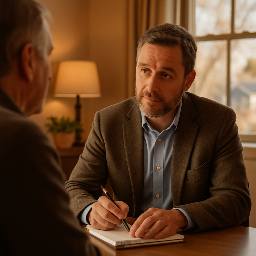 Insurance advisor listening and taking notes during a client consultation