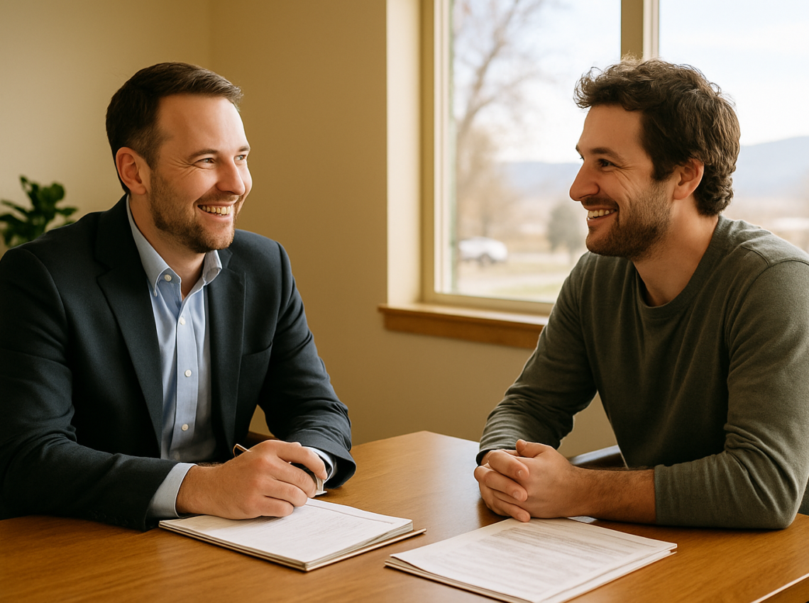 Insurance agent beginning a needs assessment with a new client at Eagle Cap Insurance in Idaho