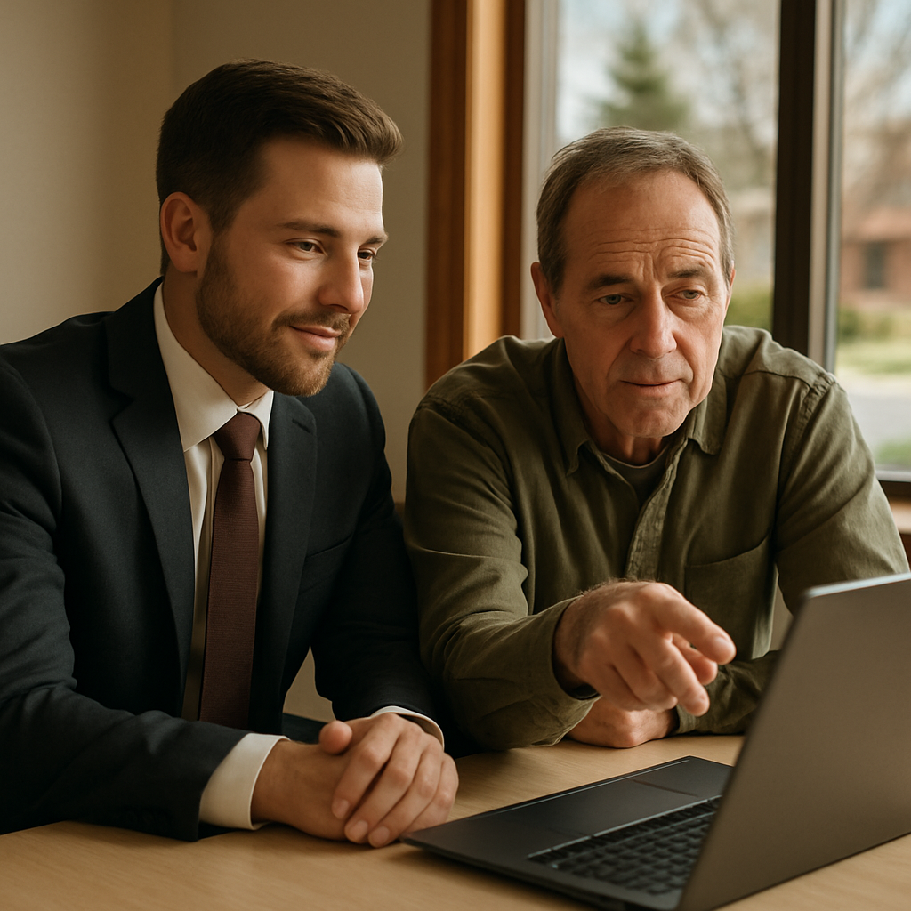 Insurance agent comparing multiple carrier options on a laptop with an Idaho client