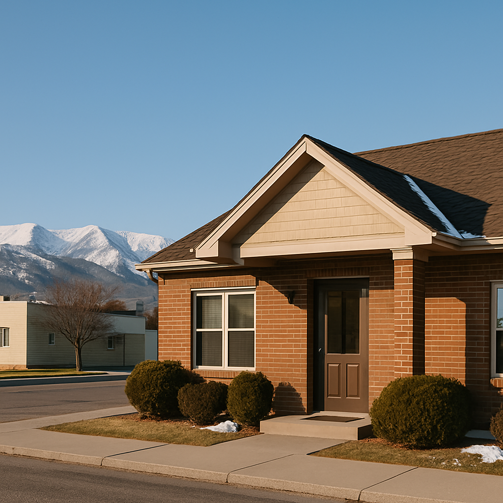 Local independent insurance agency office in an eastern Idaho town with mountains behind it