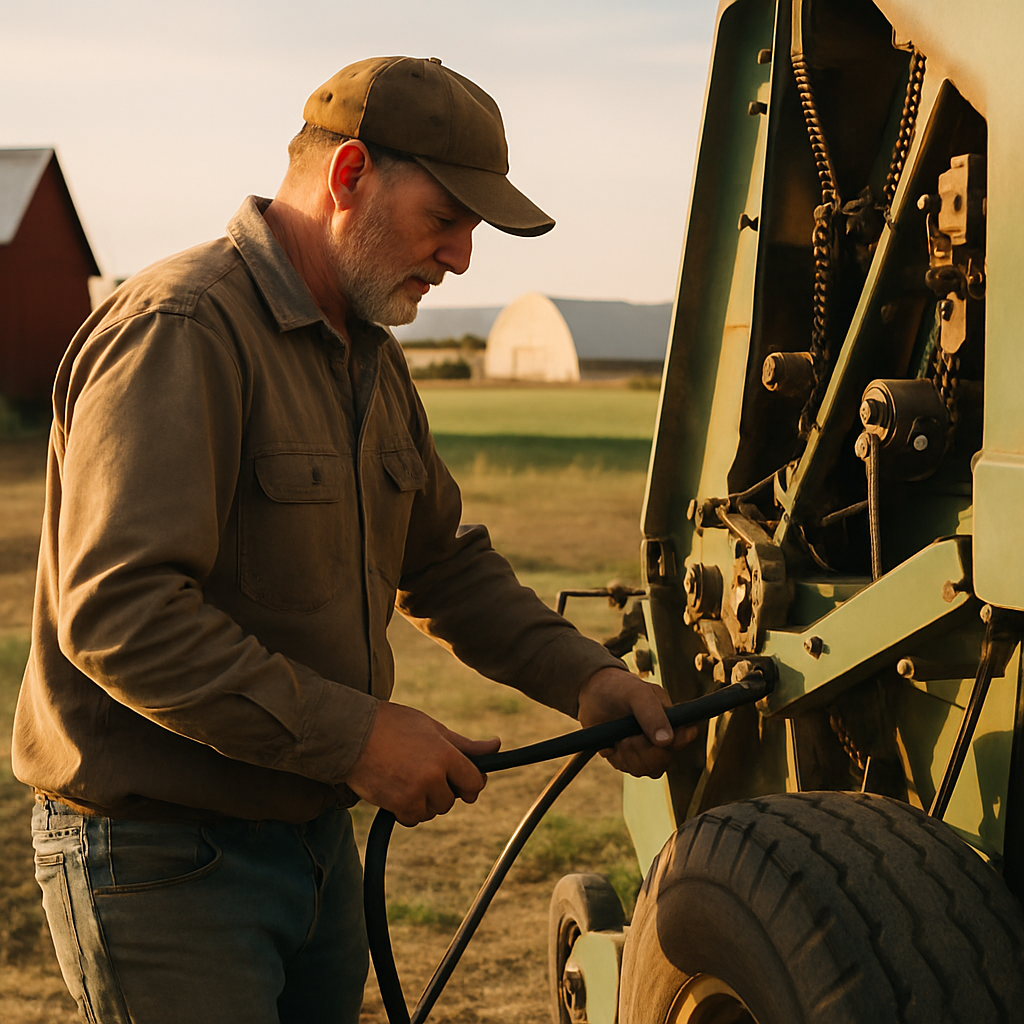 Farmer inspecting equipment on an Idaho farm